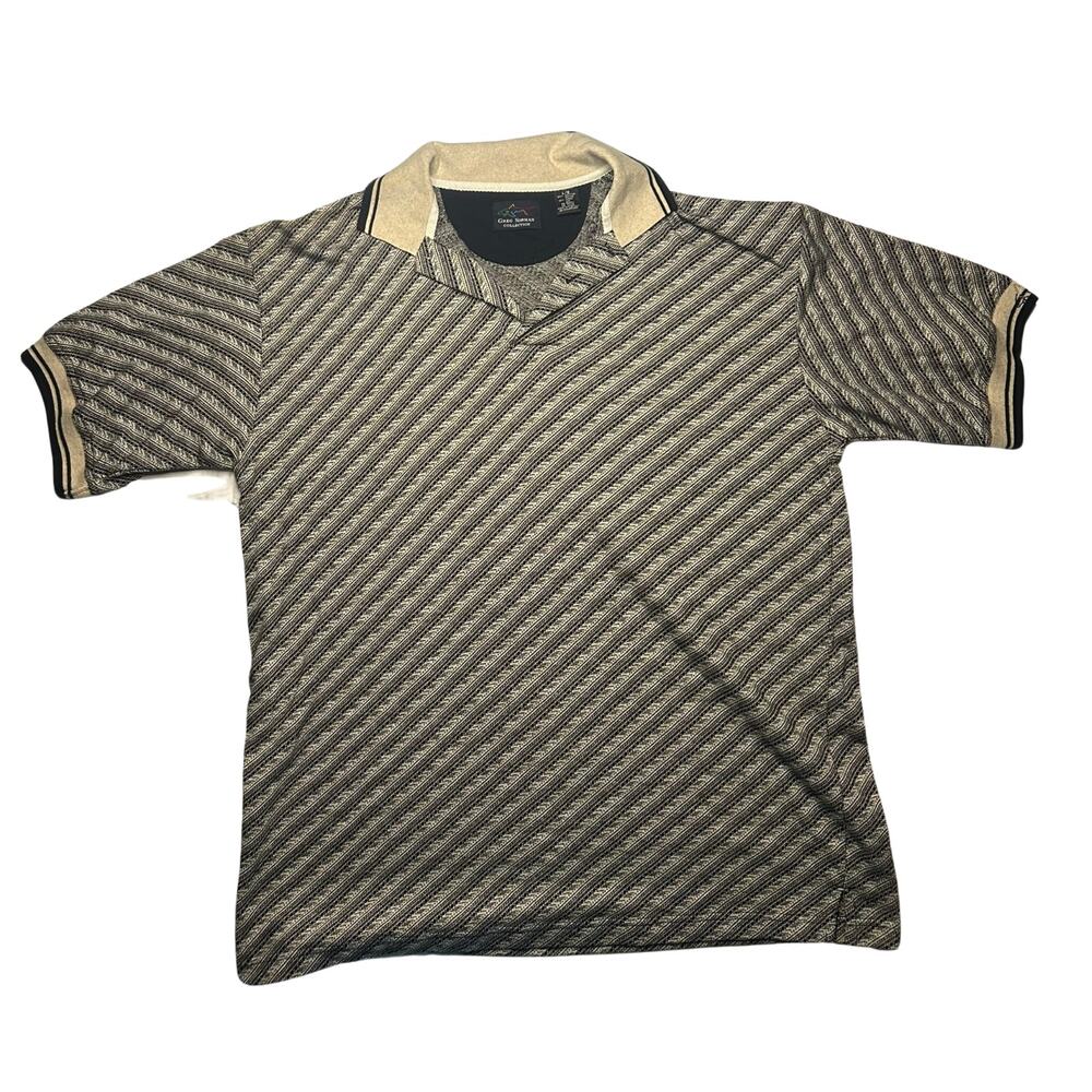 Greg Norman Men's L Vintage 90s Golf Polo Gray Cotton Linen Chevron Geometric